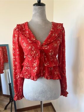 Altar’d State - Red Floral Tie-Front Ruffle Blouse